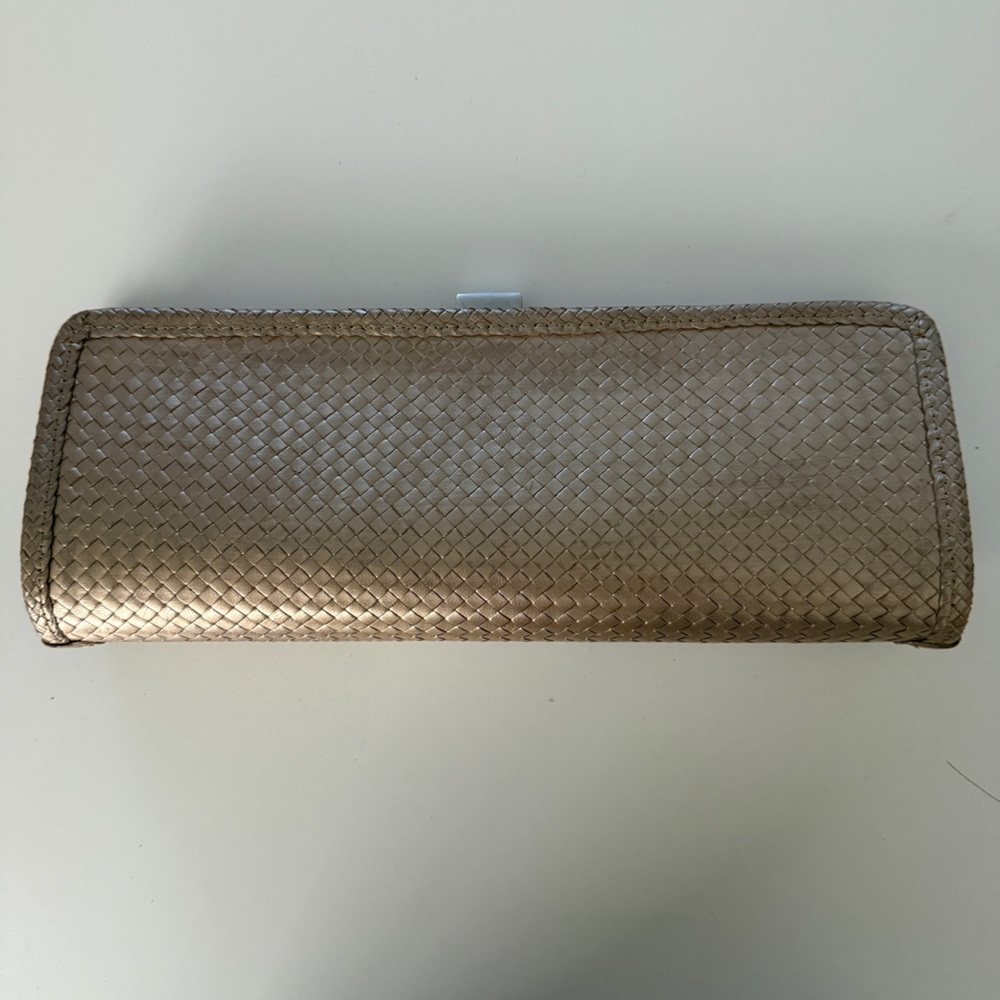 Helen Kaminski Metallic Taupe Woven Leather Clutch